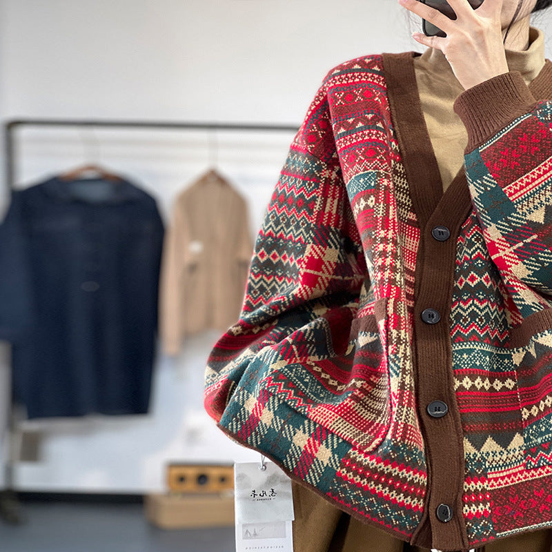 V-Neck Jacquard Knitted Literary Thick Woolen Top