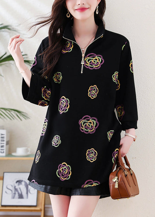 Plus Size Black Zip Up Print Cotton Sweatshirts Top Fall