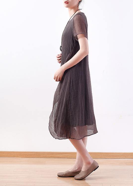 Elegant o neck Cinched linen clothes Photography gray Dresses