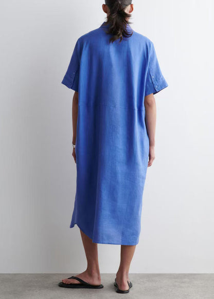 Plus Size Blue Peter Pan Collar Linen Straight Dresses Summer