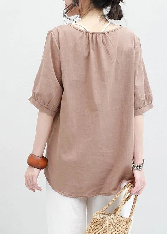 Women o neck lantern sleeve cotton linen tunic top Neckline khaki summer blouses