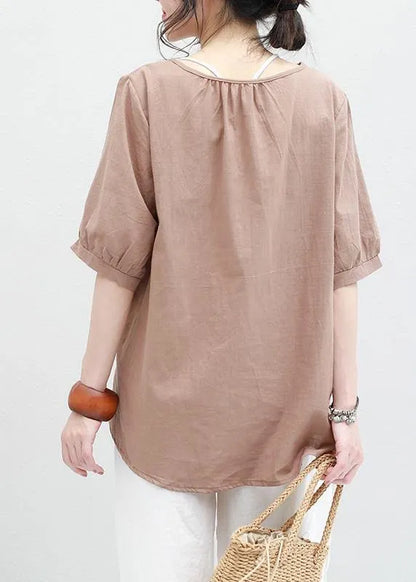 Women o neck lantern sleeve cotton linen tunic top Neckline khaki summer blouses