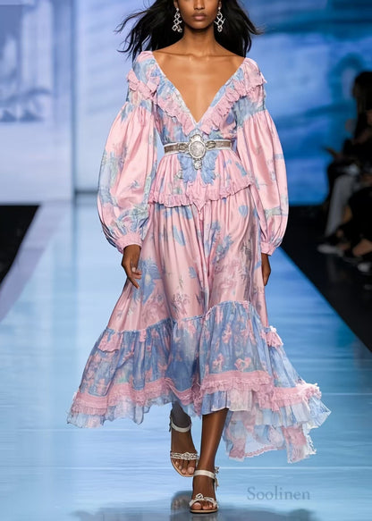 Boho Pink Ruffled Print Silk Tunic Dresses Spring