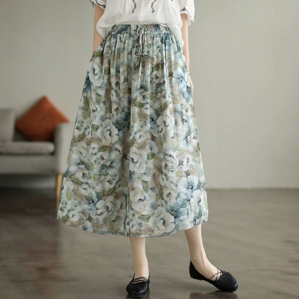 Cozy Retro Floral Printed Cotton A-Line Skirt