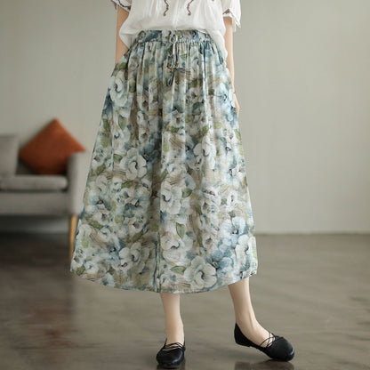 Cozy Retro Floral Printed Cotton A-Line Skirt
