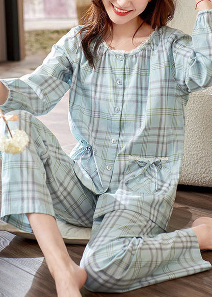 Elegant Peter Pan Collar Plaid Bow Cotton Pajamas Two Pieces Set Fall