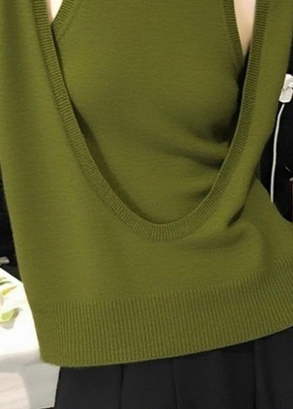 Fitted Green O-Neck Cotton Knit Top And Vest Two Piece Set Fall