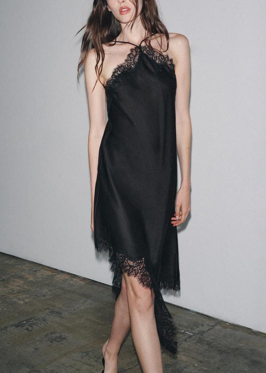 Sexy Black Asymmetrical Lace Patchwork Silk Dresses Sleeveless