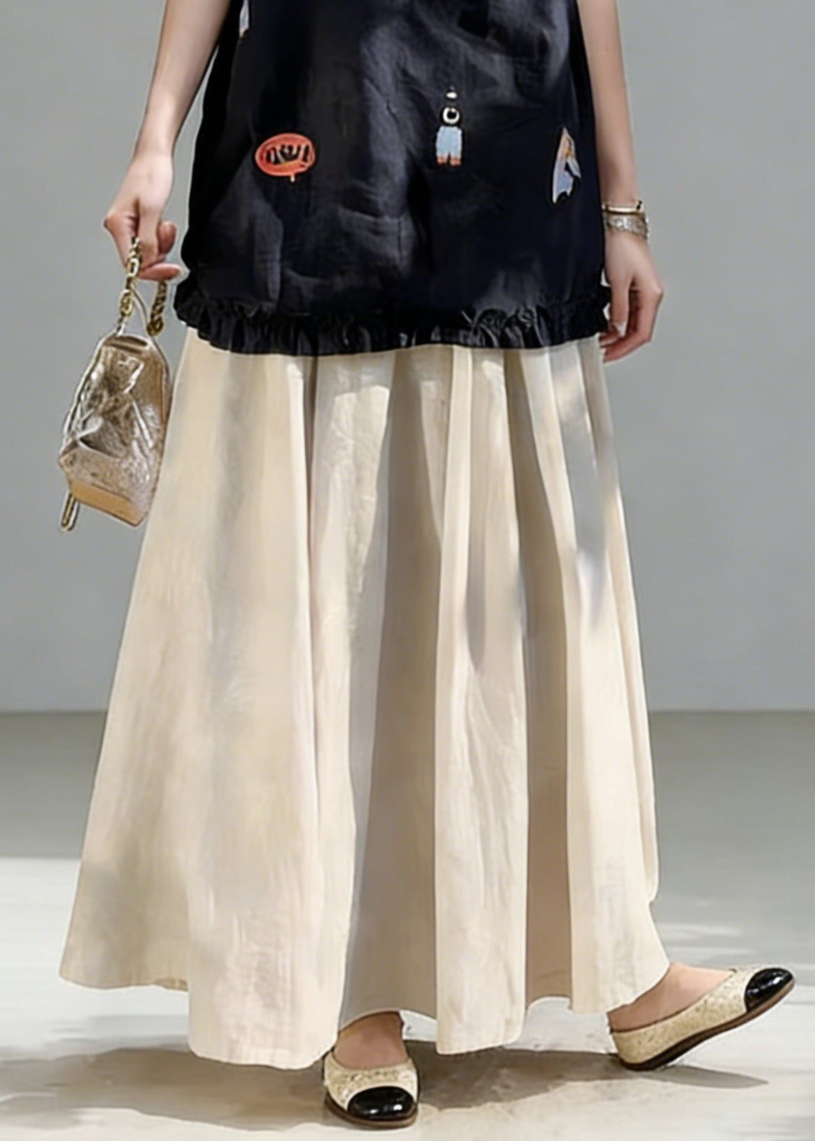New Navy Print Ruffled Tops And Linen Skirts Two Piece Set Summe
