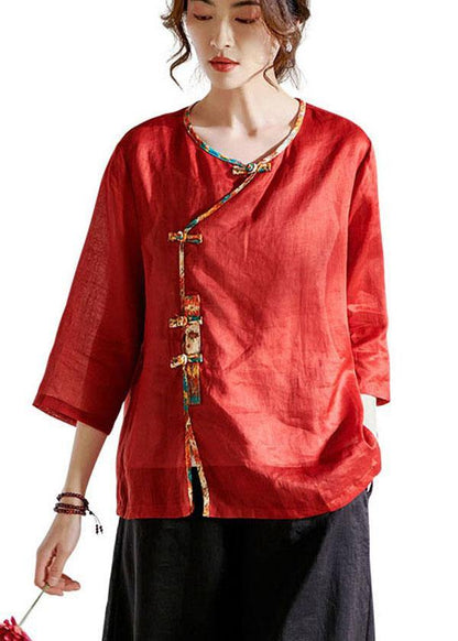 Red Oriental O-Neck Summer Ramie Shirts