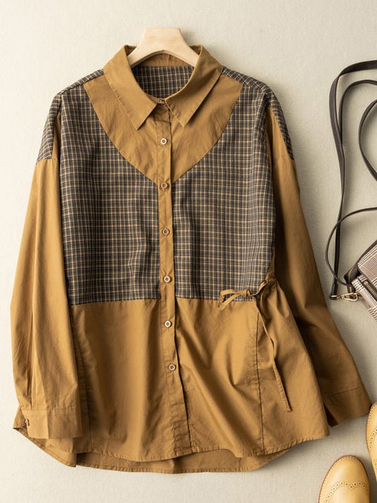100% Natural Fabric Drawstring Plaid Casual Loose Shirt