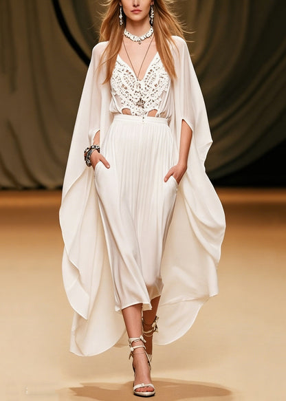 Art White V Neck Hollow Out Pockets Solid Chiffon Two Piece Set Batwing Sleeve