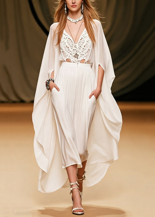Art White V Neck Hollow Out Pockets Solid Chiffon Two Piece Set Batwing Sleeve