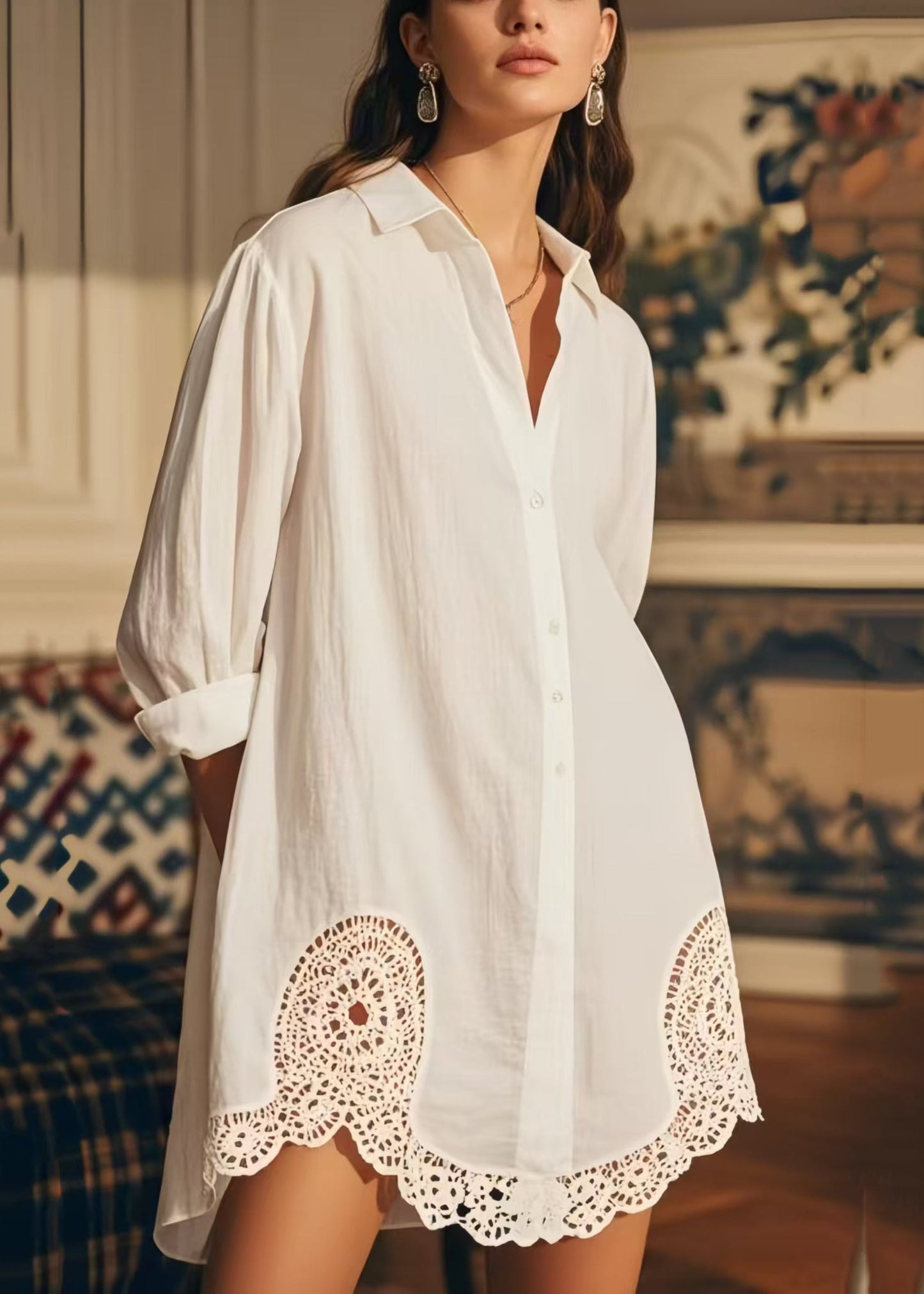 Elegant White Oversized Hollow Out Cotton Long Shirts Spring