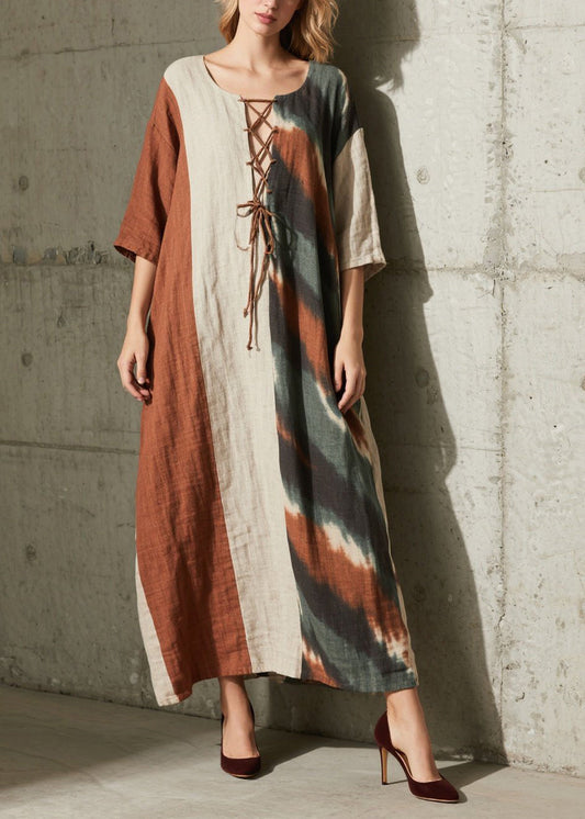 Women Colorblock Cross Strap Patchwork Cotton Dress Half Sleeve