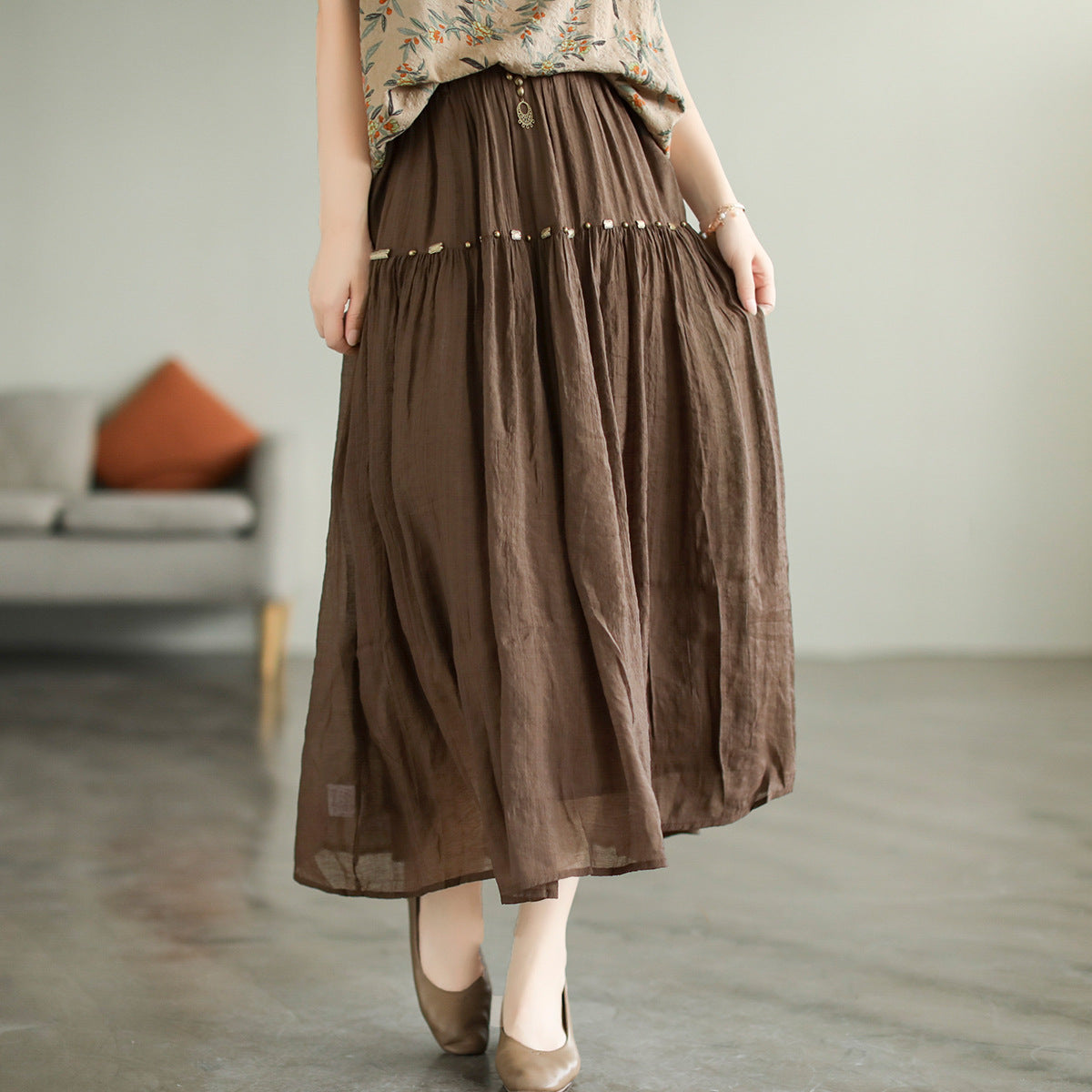 Literary High Waist Double Layer Tencel Linen Stitching Slim Skirt