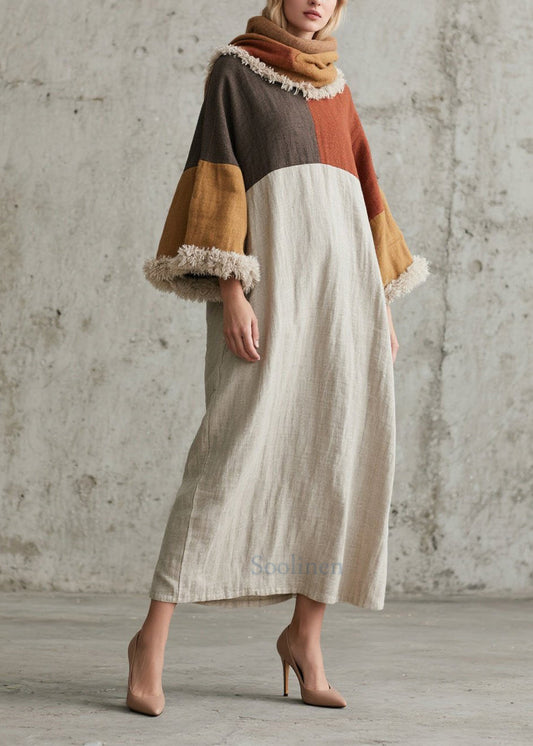 Original Design Colorblock Fuzzy Fur Patchwork Cotton Dress Fall