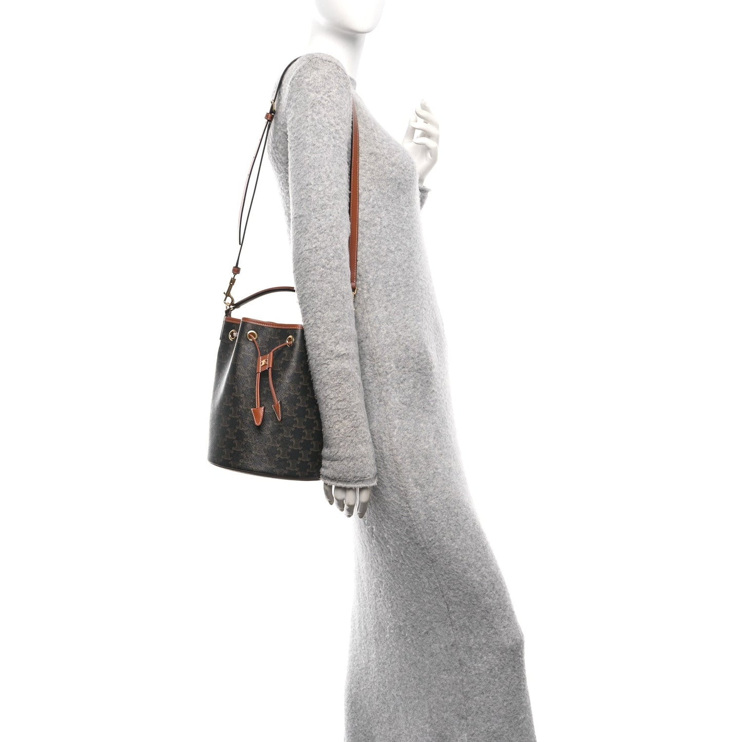 Triomphe Canvas Calfskin Clara Drawstring Bucket Bag Tan