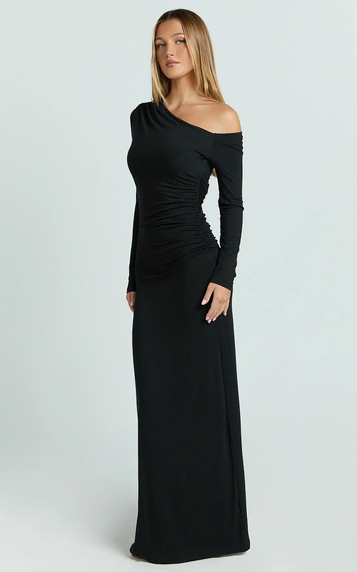 Milly Maxi Dress - Asymmetrical Off Shoulder Long Sleeve Side Ruching Maxi Dress In Black