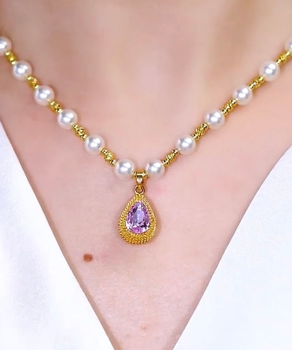 Beautiful Purple Sterling Silver Overgild Pearl Water Drop Pendant Necklace