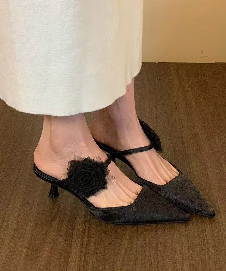 Black Floral Splicing Stiletto Slide Sandals Pointed Toe