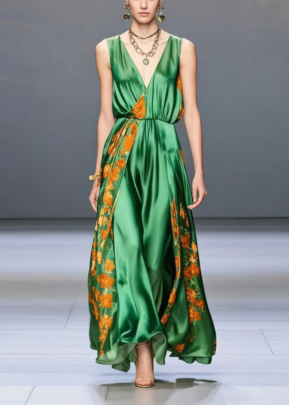 Bohemian Peacock Green V Neck Print Silk Holiday Dress Sleeveless