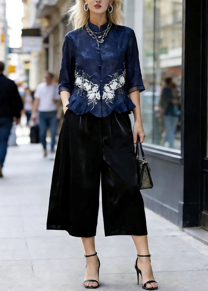 Chinese Style Stand Collar Ruffled Silk Two Pieces Set Summer