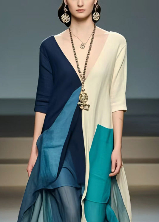 Vintage Colorblock Asymmetrical Patchwork Cotton Dresses Summer