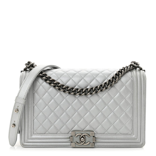 Metallic Calfskin Quilted New Medium Boy Flap Silver