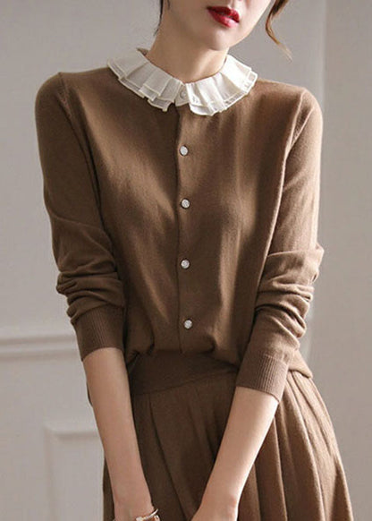 Women Coffee O-Neck Ruffled Patchwork Cashmere Cardigans Spring