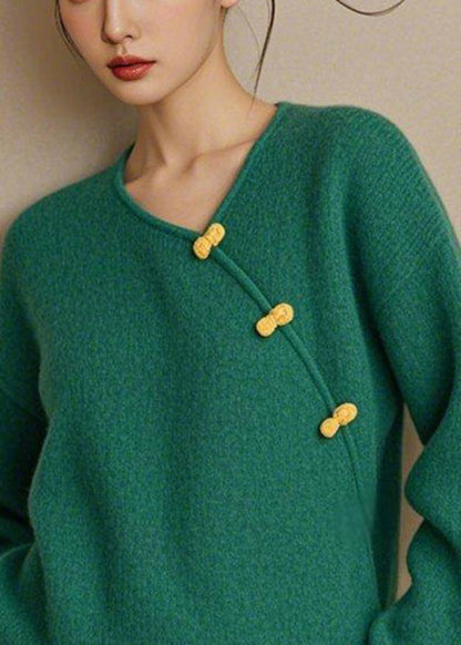 Simple Green V Neck Button Solid Knit Sweater Fall