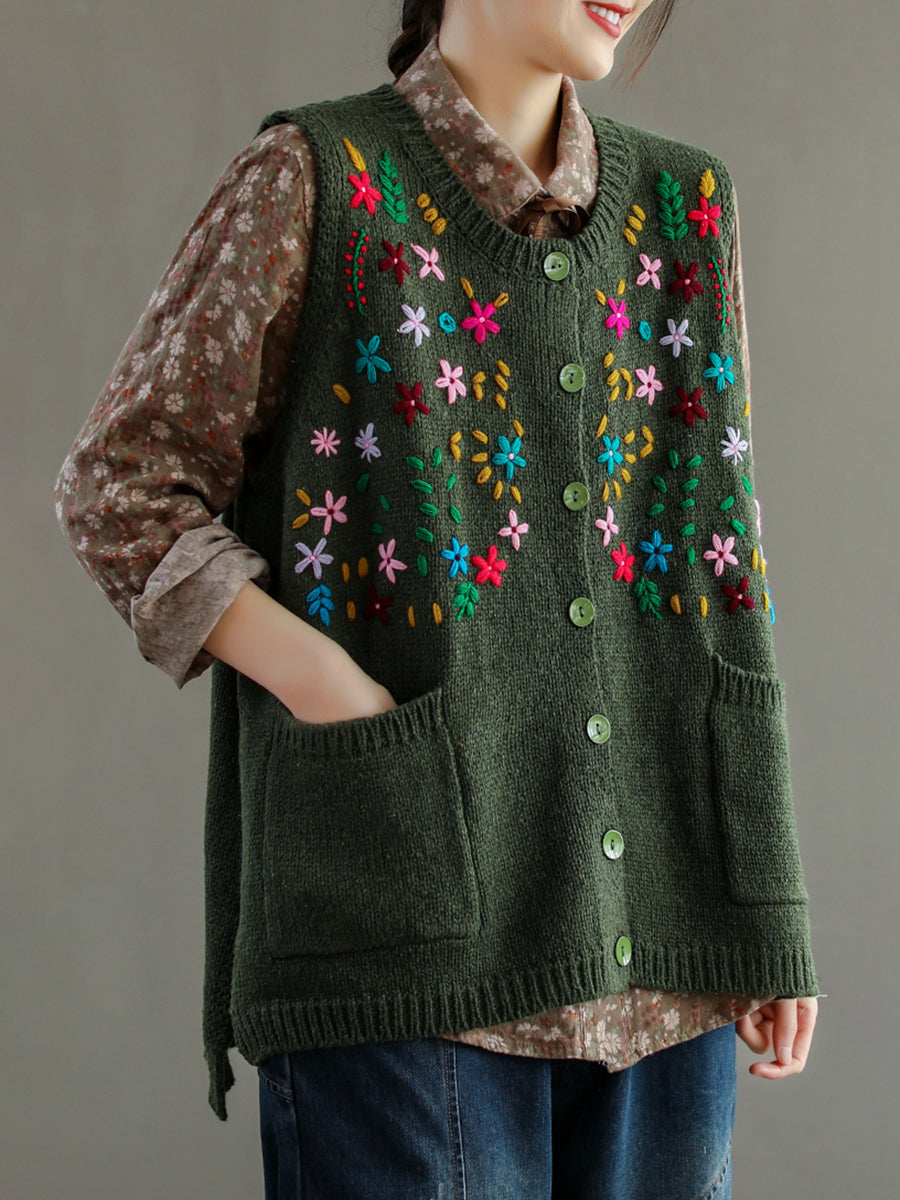 Women Embroidery Cotton Baggy Cardigan Vest