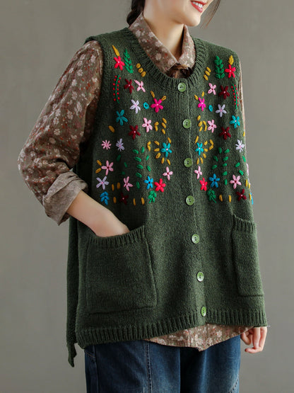 Women Embroidery Cotton Baggy Cardigan Vest