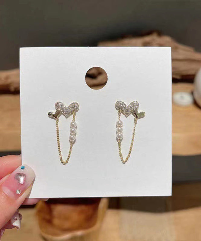 DIY Gold Copper Overgild Zircon Pearl Love Tassel Hoop Earrings