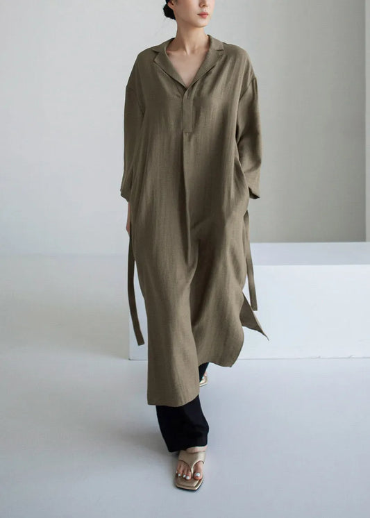 Elegant Grey Peter Pan Collar Pockets Asymmetrical Dress Long Sleeve