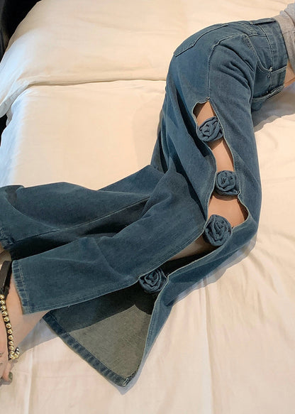 Original Design Blue Hollow Out Floral Denim Pants Fall