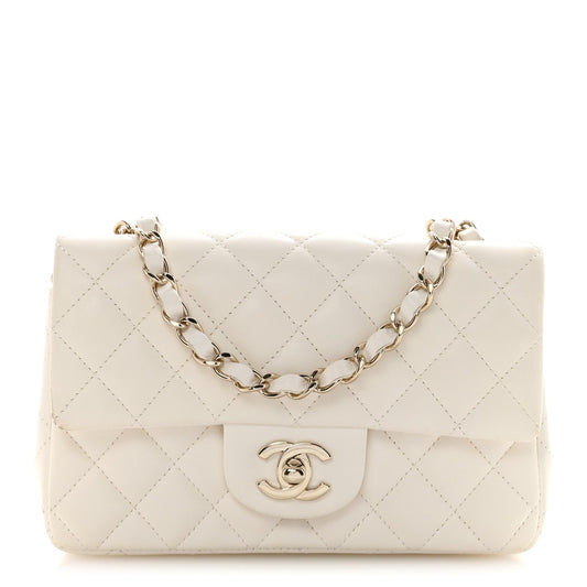 Lambskin Quilted Mini Rectangular Flap White