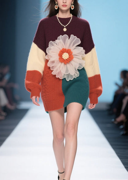 Boutique Colorblock O Neck Floral Knit Sweater Dress Fall