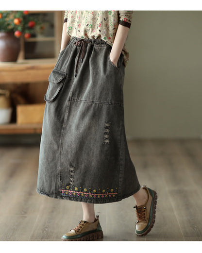 Vintage Embroidered Ripped Denim Slim A-Line Skirt