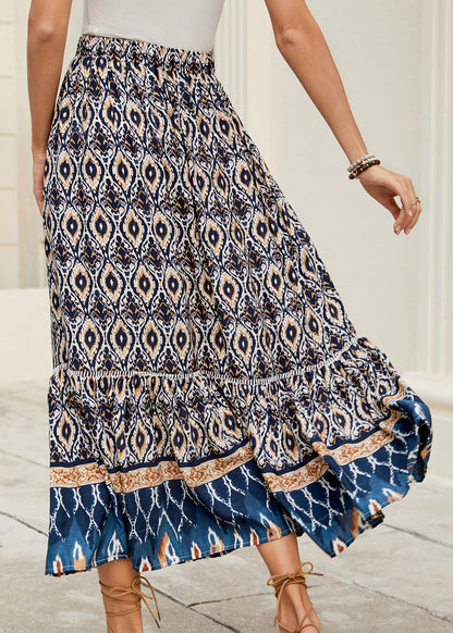 Bohemian Navy Print Elastic Waist Plus Size Skirts Summer