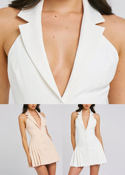 Apricot Button Mid Pleated Dresses Sleeveless