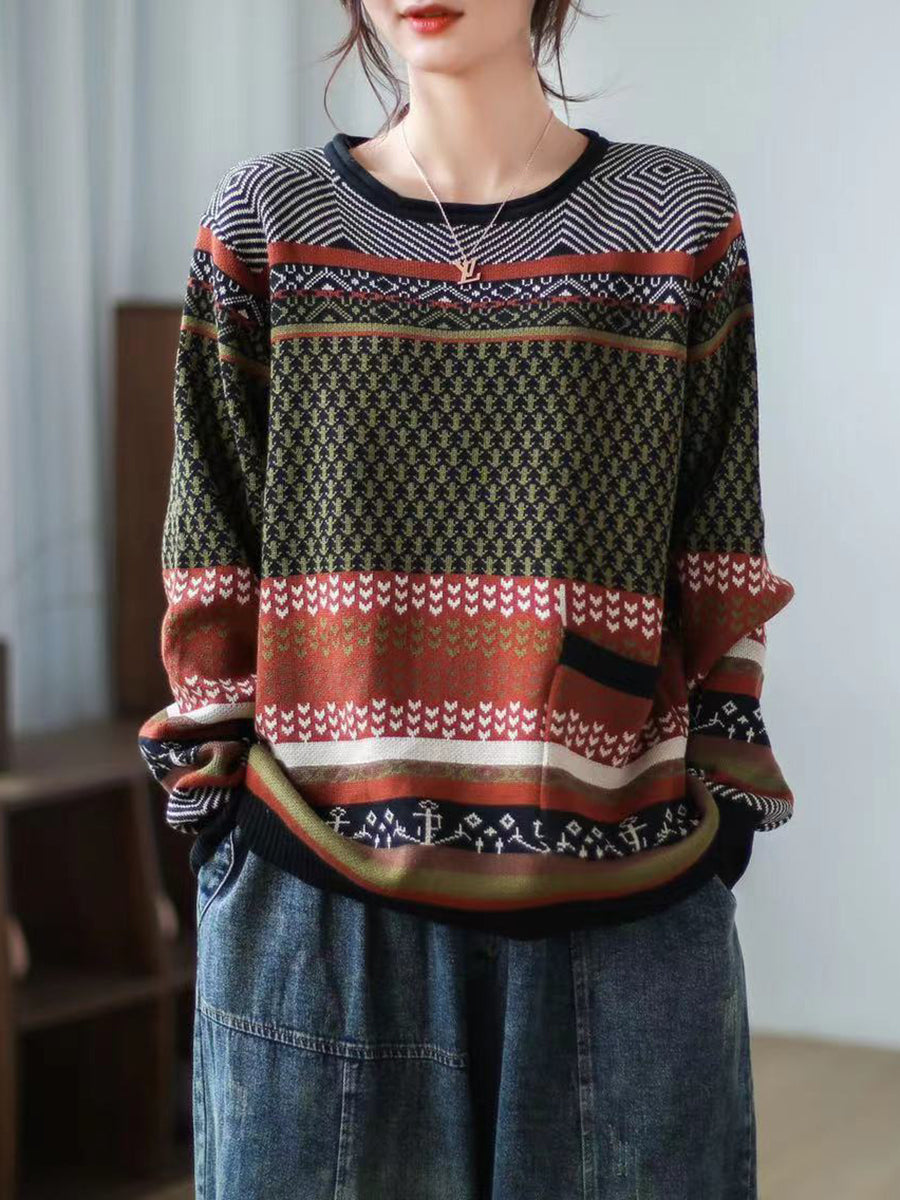 Women Autumn Spliced Casual Loose Sweater