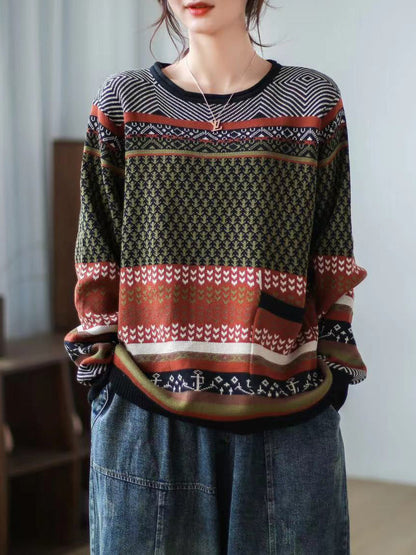 Women Autumn Spliced Casual Loose Sweater