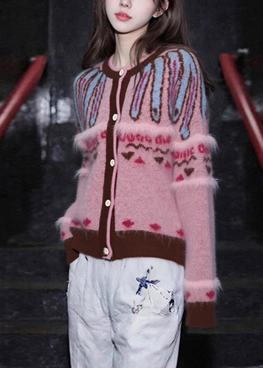 Jacquard Pink O-Neck Button Cotton Knit Cardigan Fall