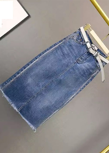 Style Blue Sashes Zircon Patchwork Skirt Summer