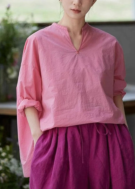 Plus Size Pink V Neck Side Open Solid Cotton Blouses Fall