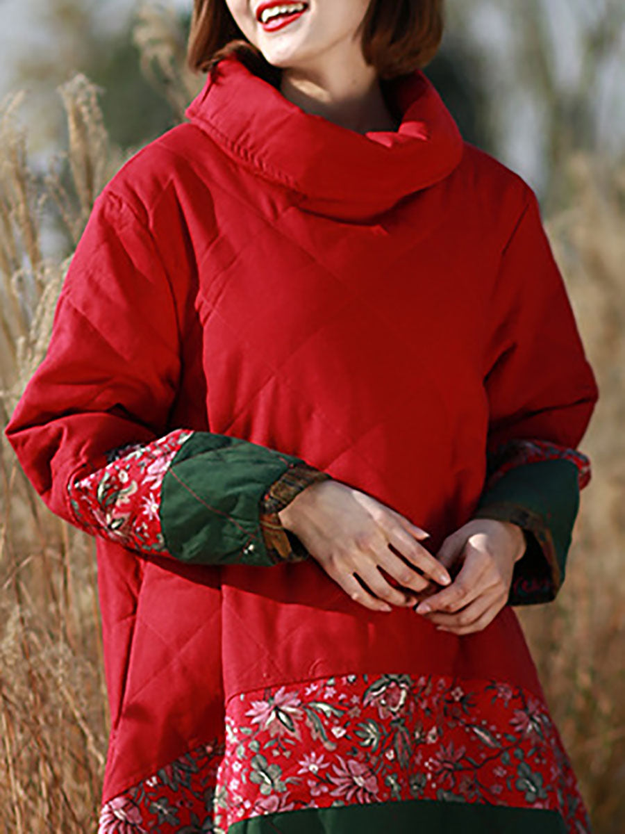 Women Winter Ethnic Patchwork Pocket Pullover Loose Coat