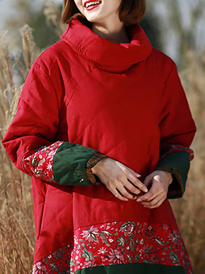 Women Winter Ethnic Patchwork Pocket Pullover Loose Coat