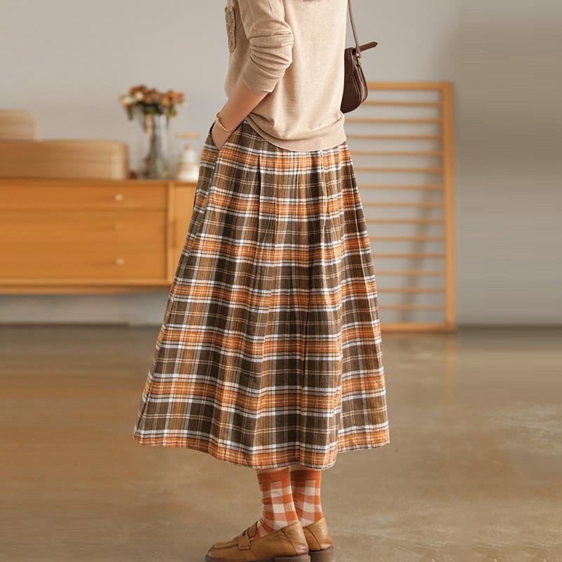 Women Plaid Pocket A-Line Vintage Elastic Waist Skirt