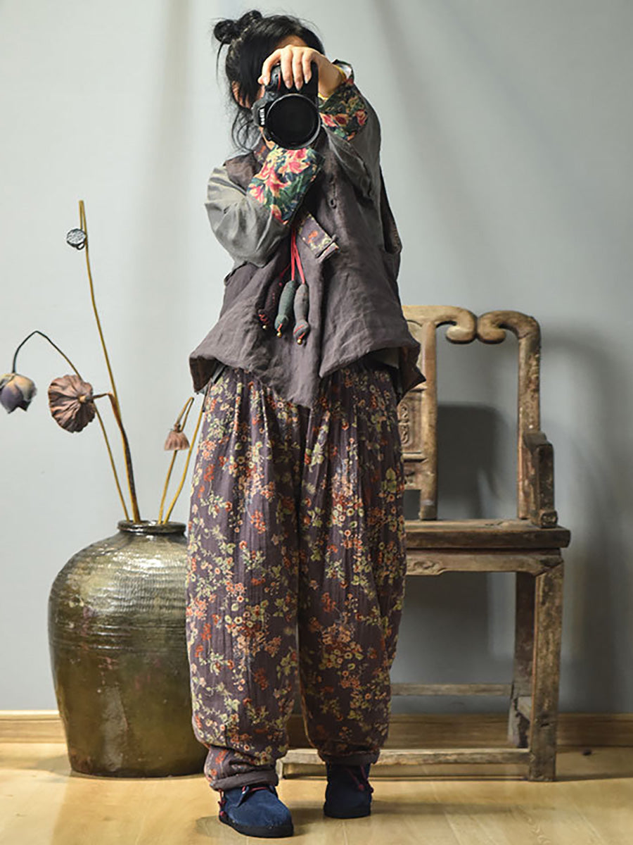 Winter Retro Warm Floral Print Cotton Pants